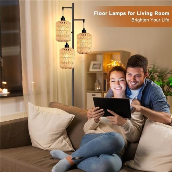 Floor Lamp for Living Room,Bedroom,3-Lights Boho Rattan Tree Floor - Picture 6 of 8